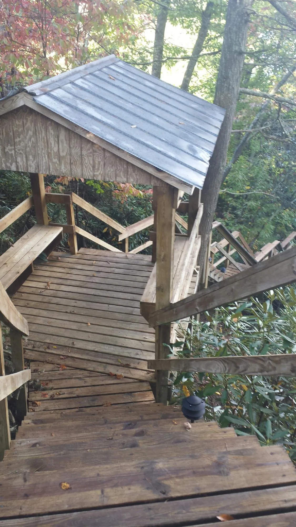 Metal roofed shelter over wooden steps on a wooded walkway — Skylight Repair & Installation work by our crew in Saint Francis